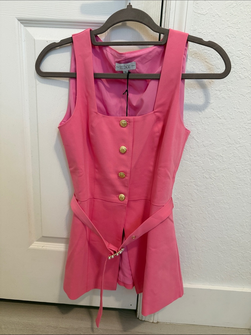 Hot Pink Sleeveless Button Front Romper with Waist Tie